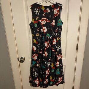 Black Sleeveless Santa Claus And Snowman Christmas Themed A Frame Maxi Dress.